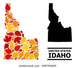 Mosaic autumn leaves and usual map of Idaho State. Vector map of Idaho State is done with scattered autumn maple and oak leaves. Abstract geographic plan in bright gold, red,