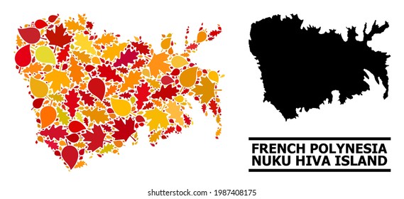 Mosaic autumn leaves and usual map of Nuku Hiva Island. Vector map of Nuku Hiva Island is formed from random autumn maple and oak leaves. Abstract territorial plan in bright gold, red,