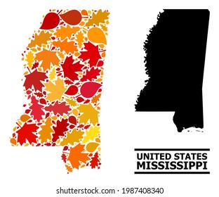 Mosaic autumn leaves and usual map of Mississippi State. Vector map of Mississippi State is shaped of random autumn maple and oak leaves. Abstract geographic plan in bright gold, red,