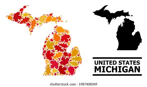 Mosaic autumn leaves and usual map of Michigan State. Vector map of Michigan State is composed of randomized autumn maple and oak leaves. Abstract territorial plan in bright gold, red,