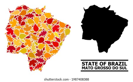 Hojas otoñales mosaicas y mapa usual del estado de Mato Grosso do Sul. Mapa vectorial del estado de Mato Grosso do Sul se compone de arce y hojas de roble otoñales al azar. Plan de territorio abstracto en oro brillante,