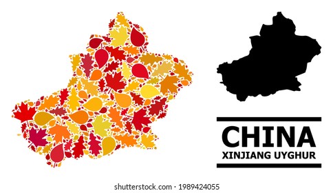 Mosaic autumn leaves and usual map of Xinjiang Uyghur Region. Vector map of Xinjiang Uyghur Region is organized with scattered autumn maple and oak leaves. Abstract territory scheme in bright gold,