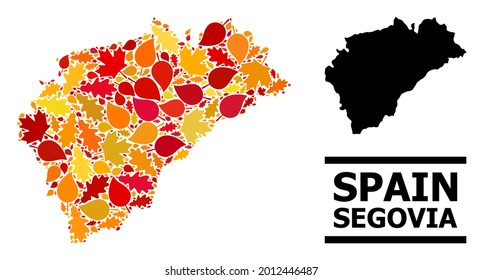 Mosaic autumn leaves and usual map of Segovia Province. Vector map of Segovia Province is done of random autumn maple and oak leaves. Abstract territorial scheme in bright gold, red,