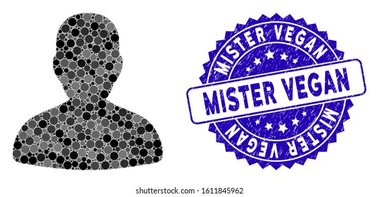 Mosaic avatar icon and corroded stamp watermark with Mister Vegan phrase. Mosaic vector is designed with avatar icon and with scattered spheric elements. Mister Vegan stamp uses blue color,