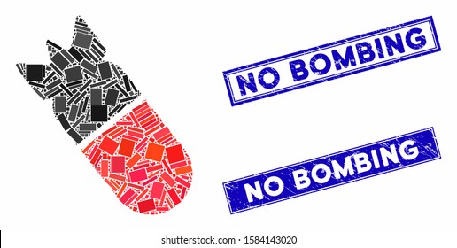 Mosaic aviation bomb icon and rectangle No Bombing stamps. Flat vector aviation bomb mosaic icon of scattered rotated rectangular elements. Blue No Bombing seal stamps with corroded texture.