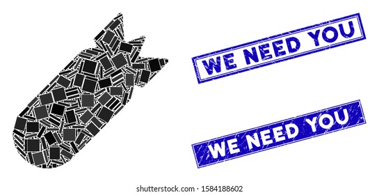 Mosaic aviation bomb pictogram and rectangular We Need You watermarks. Flat vector aviation bomb mosaic pictogram of random rotated rectangular items.