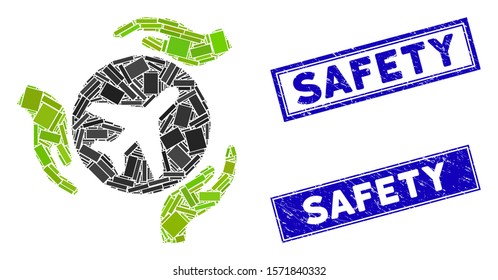 Mosaic aviation care hands pictogram and rectangle Safety watermarks. Flat vector aviation care hands mosaic pictogram of randomized rotated rectangle items.