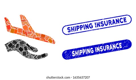 Mosaic aviation support hand and corroded stamp seals with Shipping Insurance caption. Mosaic vector aviation support hand is created with randomized rectangle items.