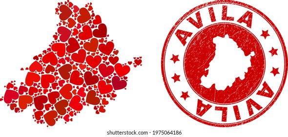 Mosaic Avila Province map created with red love hearts, and dirty stamp. Vector lovely round red rubber seal stamp imitation with Avila Province map inside.