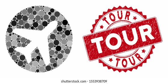 Mosaic avion and corroded stamp seal with Tour text. Mosaic vector is created with avion icon and with scattered circle spots. Tour stamp seal uses red color, and distress texture.