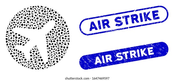 Mosaic avion and grunge stamp watermarks with Air Strike text. Mosaic vector avion is designed with randomized oval parts. Air Strike stamp seals use blue color, and have round rectangle shape.