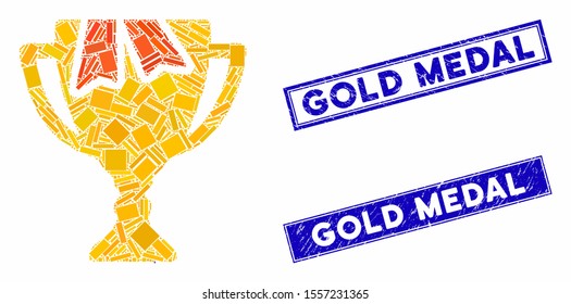 Mosaic award bowl icon and rectangular seal stamps. Flat vector award bowl mosaic icon of random rotated rectangular items. Blue caption seal stamps with grunged surface.