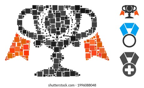 Mosaic Award cup icon designed from square items in variable sizes and color hues. Vector square items are composed into abstract mosaic award cup icon. Bonus pictograms are placed.