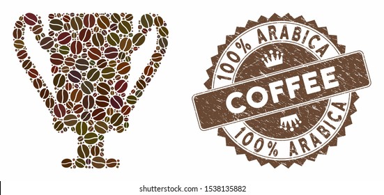 Mosaic award cup and rubber stamp seal with 100% Arabica Coffee phrase. Mosaic vector award cup is composed with seeds. 100% Arabica Coffee seal uses brown color.