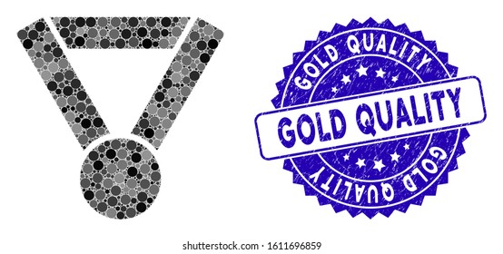 Mosaic award medal icon and distressed stamp seal with Gold Quality text. Mosaic vector is created from award medal icon and with random circle elements. Gold Quality stamp seal uses blue color,