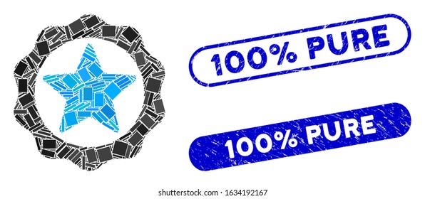 Mosaic award star seal and corroded stamp seals with 100% Pure text. Mosaic vector award star seal is formed with scattered rectangle items. 100% Pure seals use blue color,