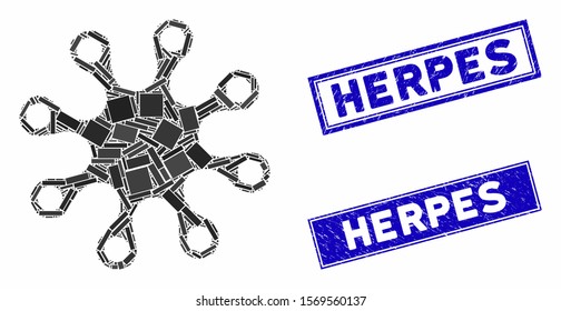 Mosaic axenic icon and rectangle watermarks. Flat vector axenic mosaic icon of scattered rotated rectangular elements. Blue caption watermarks with distress textures.