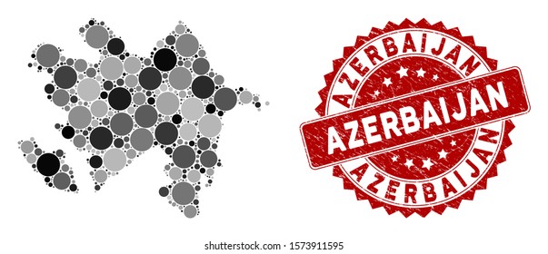 Mosaic Azerbaijan map and circle seal stamp. Flat vector Azerbaijan map mosaic of scattered circle elements. Red stamp with dirty surface. Designed for political and patriotic proclamations.