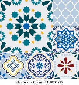 Mosaic Azulejo Portuguese Or Spanish Tile Design Seamless Vector Pattern - Different Tile Size Decoration Inspired By Art From Portugal Or Spain. Traditonal Wallpaper, Textile Or Fabric Print 