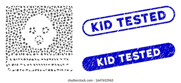 Mosaic baby album and corroded stamp seals with Kid Tested caption. Mosaic vector baby album is designed with random ellipse parts. Kid Tested stamp seals use blue color,