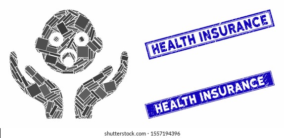 Mosaic baby care hands icon and rectangle watermarks. Flat vector baby care hands mosaic icon of randomized rotated rectangle elements. Blue caption watermarks with scratched texture.