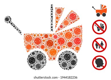 Mosaic baby carriage constructed from covid-2019 virus items in various sizes and color hues. Vector pathogen icons are grouped into abstract mosaic baby carriage icon. Some bonus icons are added.