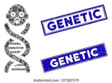 Mosaic baby genes pictogram and rectangular Genetic stamps. Flat vector baby genes mosaic icon of random rotated rectangular items. Blue Genetic rubber stamps with rubber textures.