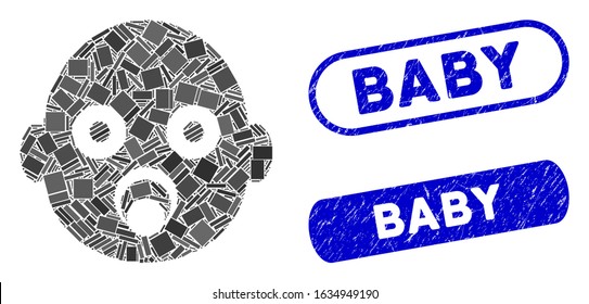 Mosaic baby head and distressed stamp seals with Baby caption. Mosaic vector baby head is formed with random rectangle items. Baby seals use blue color, and have round rectangle shape.