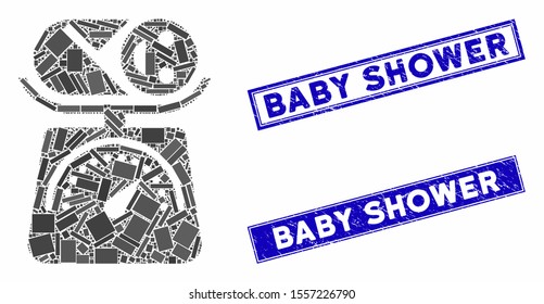 Mosaic baby weight icon and rectangle seals. Flat vector baby weight mosaic icon of random rotated rectangular elements. Blue caption seals with distress surface.