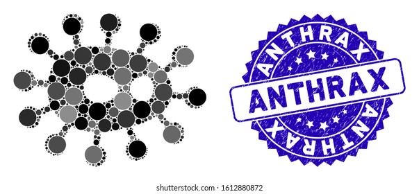 Mosaic bacilla icon and distressed stamp watermark with Anthrax phrase. Mosaic vector is formed with bacilla icon and with scattered round spots. Anthrax stamp uses blue color, and rubber surface.