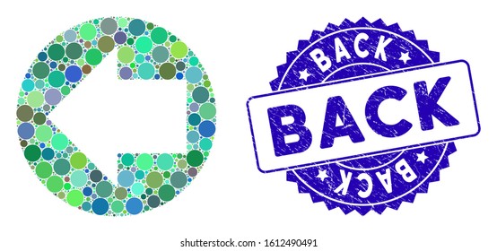 Mosaic back direction icon and rubber stamp watermark with Back text. Mosaic vector is created with back direction icon and with random spheric elements. Back stamp seal uses blue color,