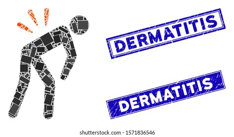 Mosaic backache icon and rectangle Dermatitis watermarks. Flat vector backache mosaic icon of random rotated rectangle items. Blue Dermatitis watermarks with grunged texture.