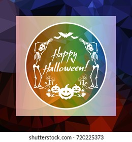 Mosaic backdrop with bats, skeletons and artistic written text:"Happy Halloween!". Holiday background for greetings cards, banners, layouts. Vector clip art.