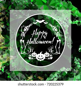 Mosaic backdrop with bats, skeletons and artistic written text:"Happy Halloween!". Holiday background for greetings cards, banners, layouts. Vector clip art.