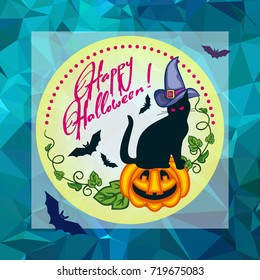 Mosaic backdrop with black cat in witch hat, pumpkin and hand drawn text "Happy Halloween!". Holiday halloween background for greetings cards, banners, layouts. Vector clip art.