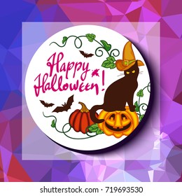 Mosaic backdrop with black cat in witch hat, pumpkin and hand drawn text "Happy Halloween!". Holiday halloween background for greetings cards, banners, layouts. Vector clip art.