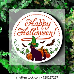 Mosaic backdrop with black cat in witch hat, pumpkin and hand drawn text "Happy Halloween!". Holiday halloween background for greetings cards, banners, layouts. Vector clip art.