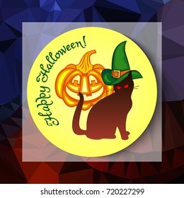 Mosaic backdrop with black cat in witch hat, pumpkin and hand drawn text "Happy Halloween!". Holiday halloween background for greetings cards, banners, layouts. Vector clip art.