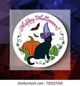 Mosaic backdrop with black cat in witch hat, pumpkin and hand drawn text "Happy Halloween!". Holiday halloween background for greetings cards, banners, layouts. Vector clip art.