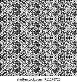 Mosaic backdrop in white, black and gray colors. Geometric hipster tiles background. Abstract retro seamless pattern of geometric shapes. Vector illustration.