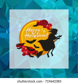 Mosaic backdrop with witch holding broom and holiday greeting "Happy Halloween!". Beautiful background for greetings cards, banners, layouts. Copy space. Vector clip art.