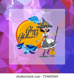 Mosaic backdrop with witch holding broom and holiday greeting "Happy Halloween!". Beautiful background for greetings cards, banners, layouts. Vector clip art.
