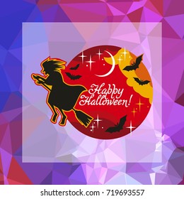 Mosaic backdrop with witch holding broom and holiday greeting "Happy Halloween!". Beautiful background for greetings cards, banners, layouts. Vector clip art.