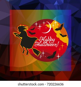 Mosaic backdrop with witch holding broom and holiday greeting "Happy Halloween!". Beautiful background for greetings cards, banners, layouts. Vector clip art.