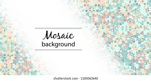 Mosaic background. Arabic girih design background for Ramadan Kareem. Islamic ornamental colorful detail of mosaic. Greeting card for Ramadan