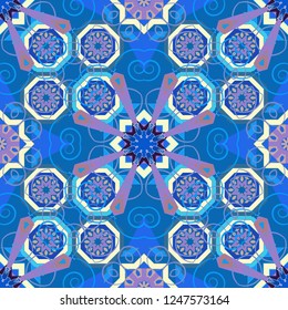 Mosaic background in beige, violet and blue colors. Vector abstract patch seamless pattern.