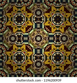 Mosaic background in black, brown and yellow colors. Vector abstract patch seamless pattern.