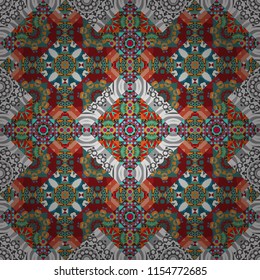 Mosaic background in blue, brown and white colors. Raster abstract patch seamless pattern.