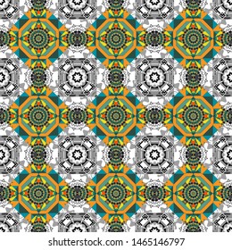 Mosaic background in blue, gray and yellow colors. Vector abstract patch seamless pattern.
