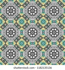 Mosaic background in blue, green and gray colors. Vector abstract patch seamless pattern.